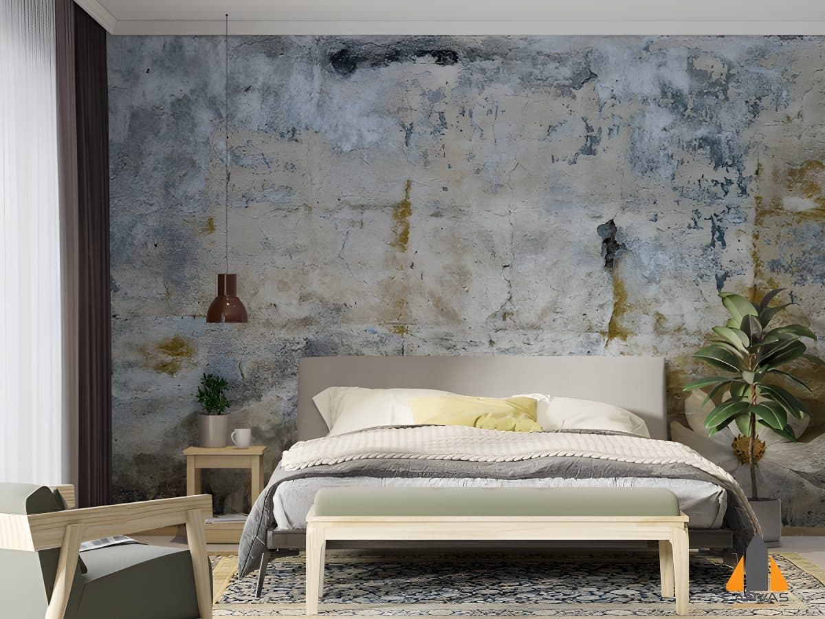 Distressed concrete wall mural in a modern, serene bedroom setup, available for wallpaper installations in Gauteng.