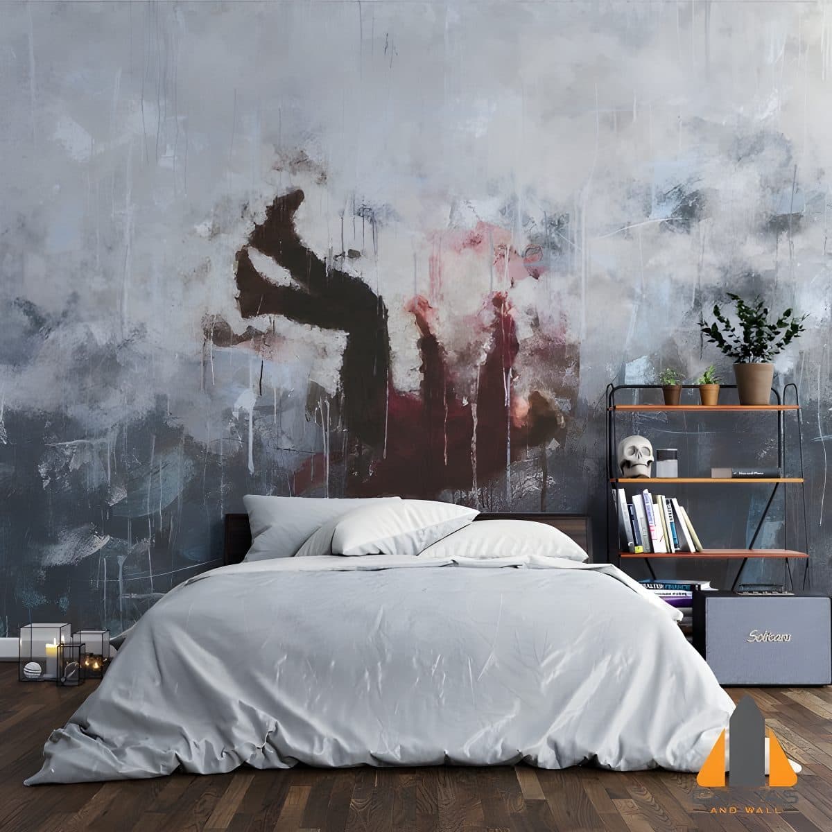 Abstract art wall mural in a dark bedroom, perfect for wallpaper installations in Gauteng.