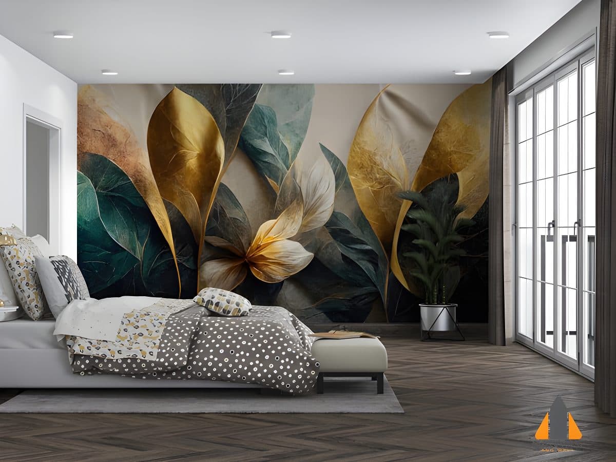 Textured abstract watercolor flowers with golden sheen custom wallpaper in a bedroom.