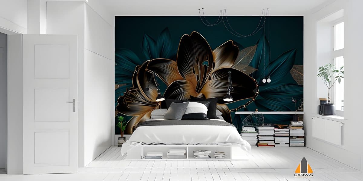 Bedroom with a dark floral wall mural featuring gold and black lilies, perfect for wallpaper installations.