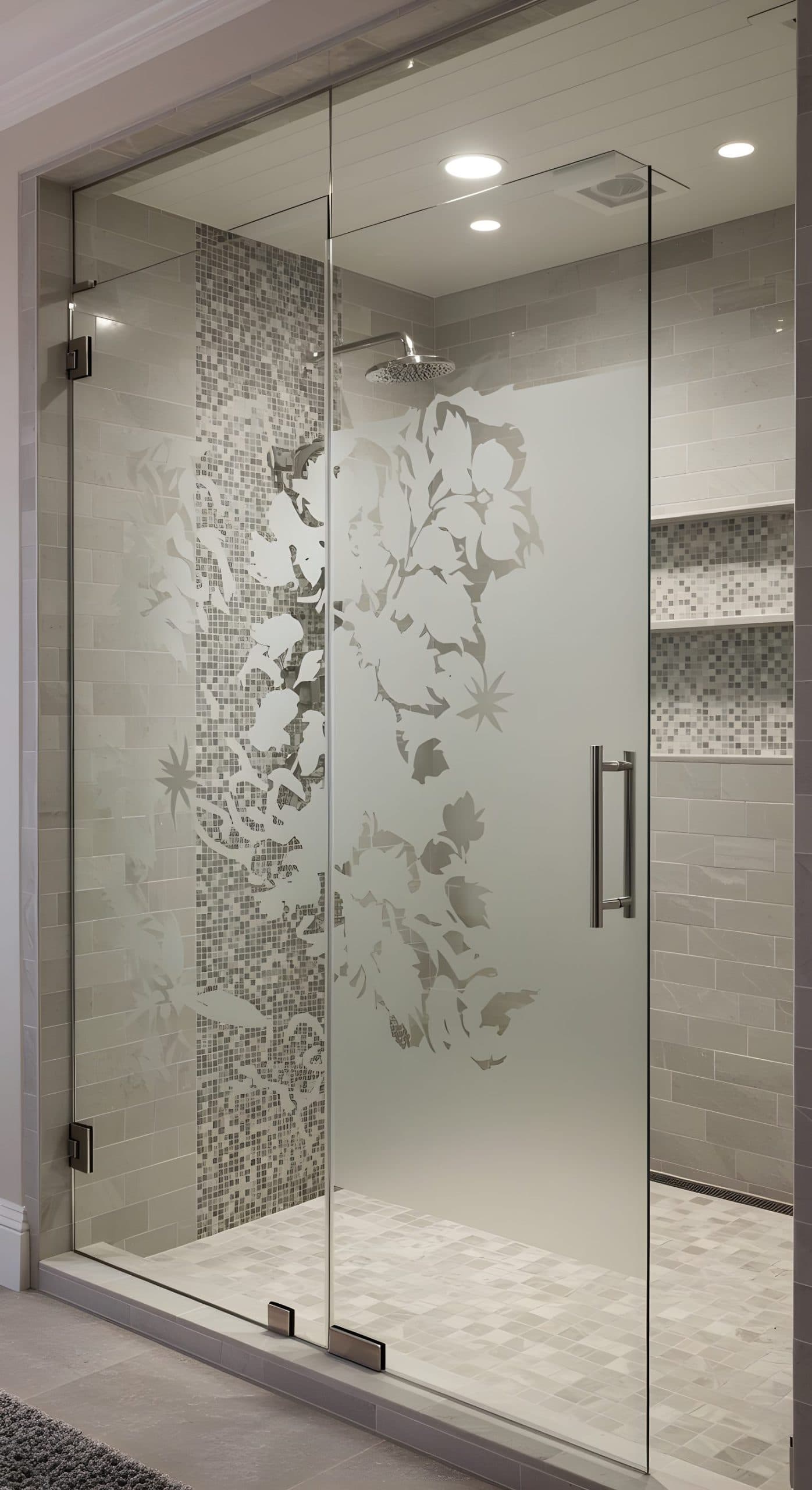 Glass shower door with floral frost design adds privacy and elegance, a great alternative to a wall mural.
