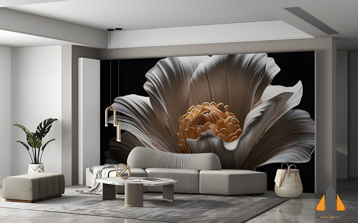 Single white peony flower wall mural in a modern living room, expertly installed by Canvas & Wall.