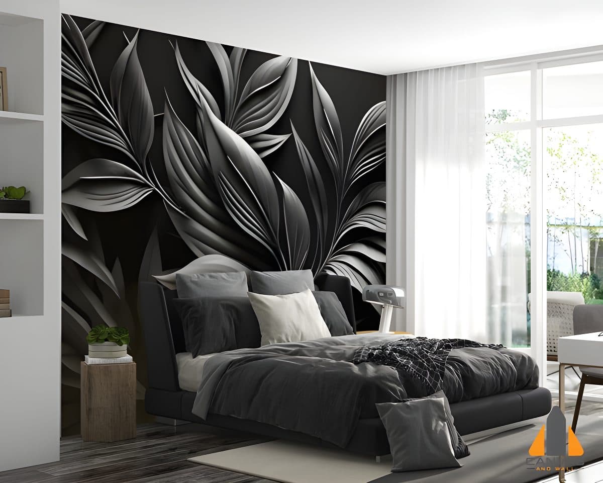 Monochrome palm leaves wall mural in a modern bedroom, showcasing expert wallpaper installations in Gauteng.