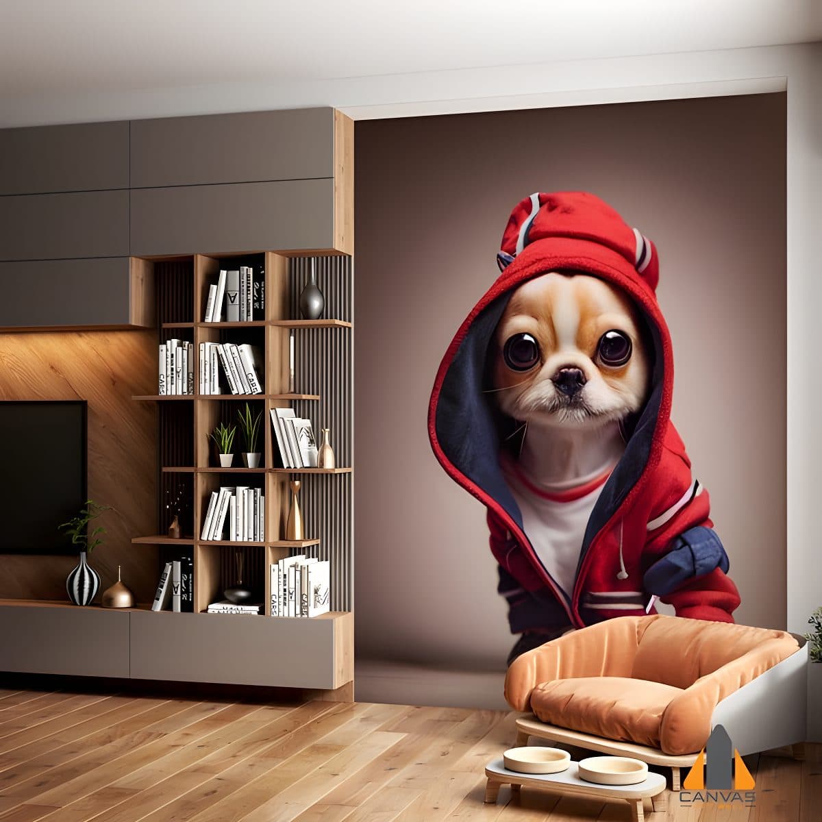 Cute chihuahua pup wearing a red hoodie as a wall mural in a modern living room design.