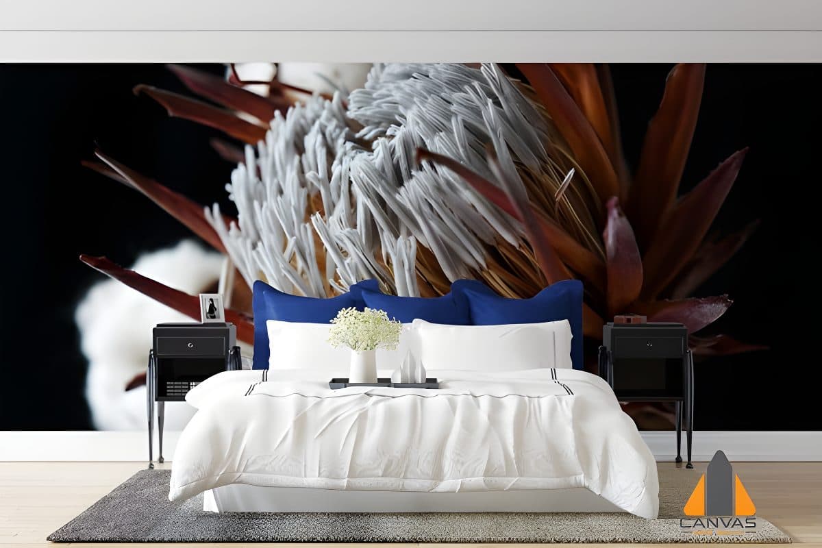 Protea flower wall mural in a modern bedroom, available for wallpaper installations in Gauteng.