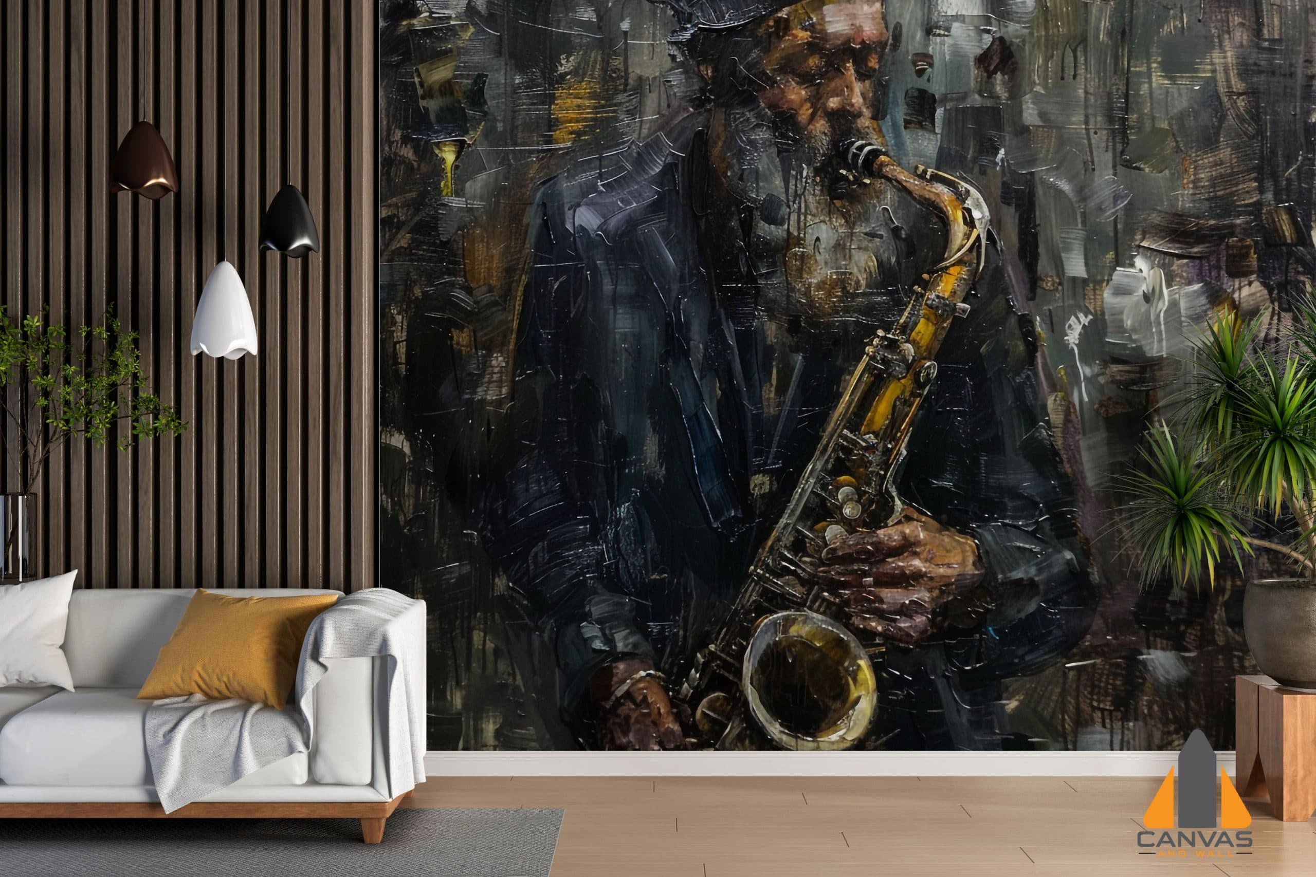 Painting of a jazz saxophonist on a wallpaper mural in a modern living room setting.
