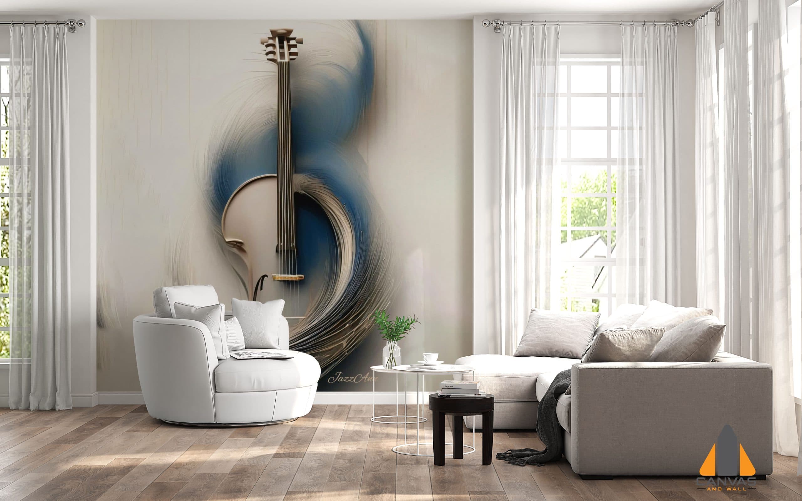 Jazz cello wall mural in a modern living room, perfect for wallpaper installations in Gauteng.