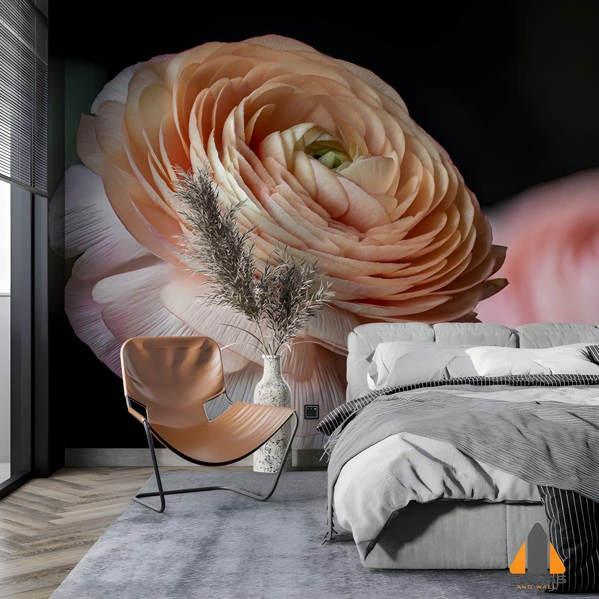 Large ranunculus flower wall mural in a modern bedroom, with expert wallpaper installations in Gauteng.