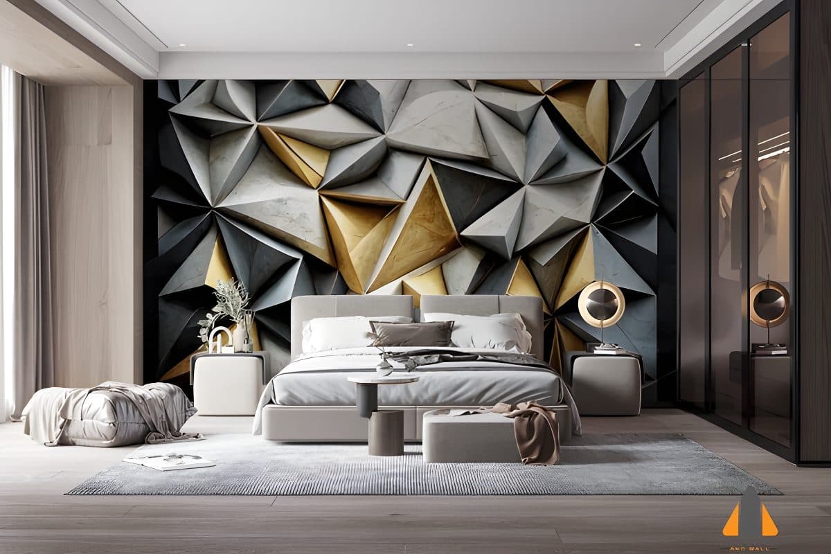 Bedroom featuring a stylish abstract texture wall mural with gold, silver, and black geometric shapes.