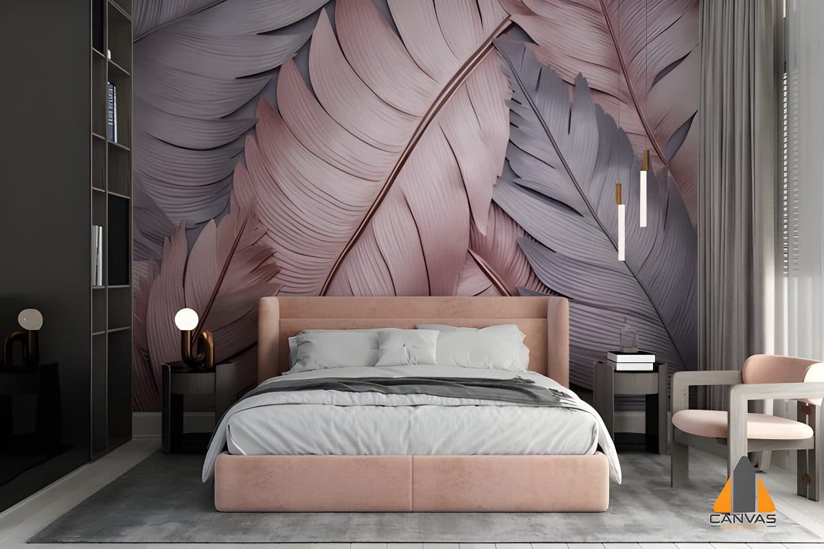Pink and grey feather wall mural in a modern bedroom, perfect for wallpaper installations in Gauteng.
