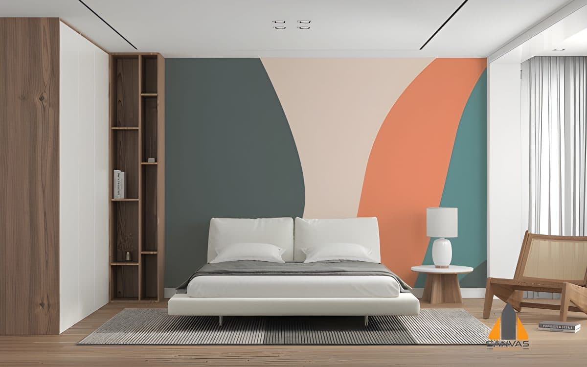 Bedroom with a colourful abstract wall mural above the bed, part of an installation in Gauteng.