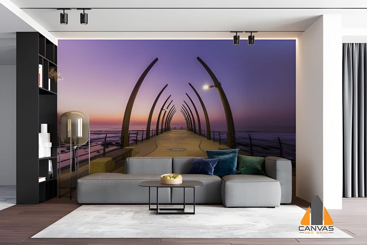 Umhlanga pier at sunset wall mural in a modern living room, perfect for wallpaper installations Johannesburg.