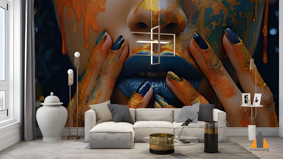 Close-up of a woman's face with gold and blue paint, featured as a modern wall mural in a living room.