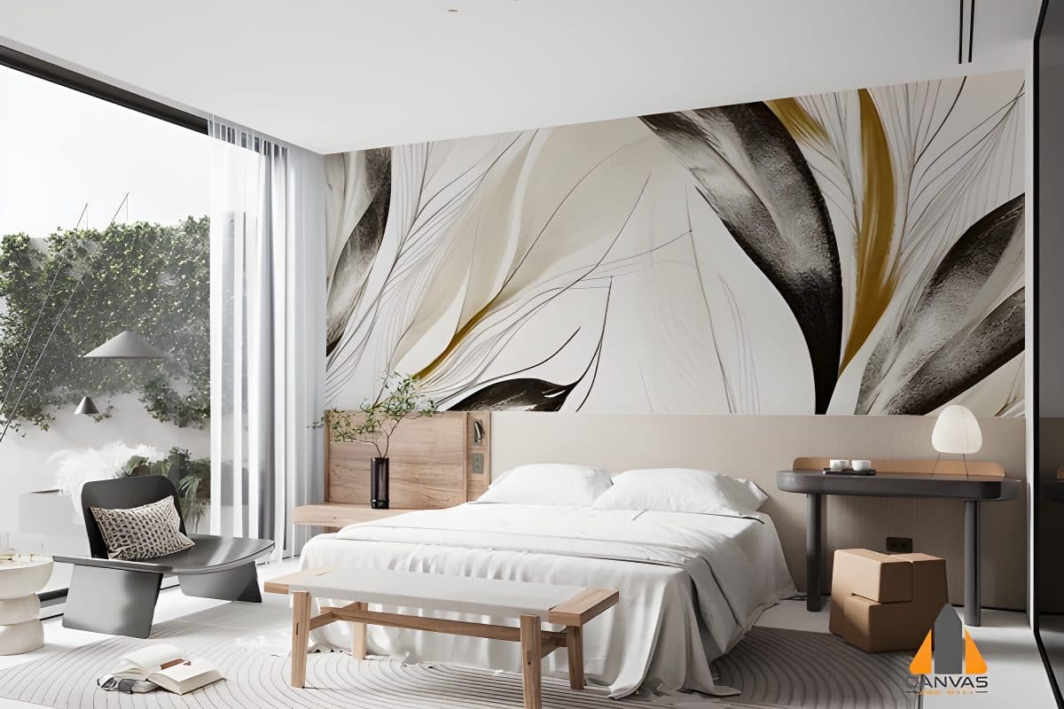 Stylized feather wall mural in a modern bedroom, perfect for wallpaper installations in Gauteng.