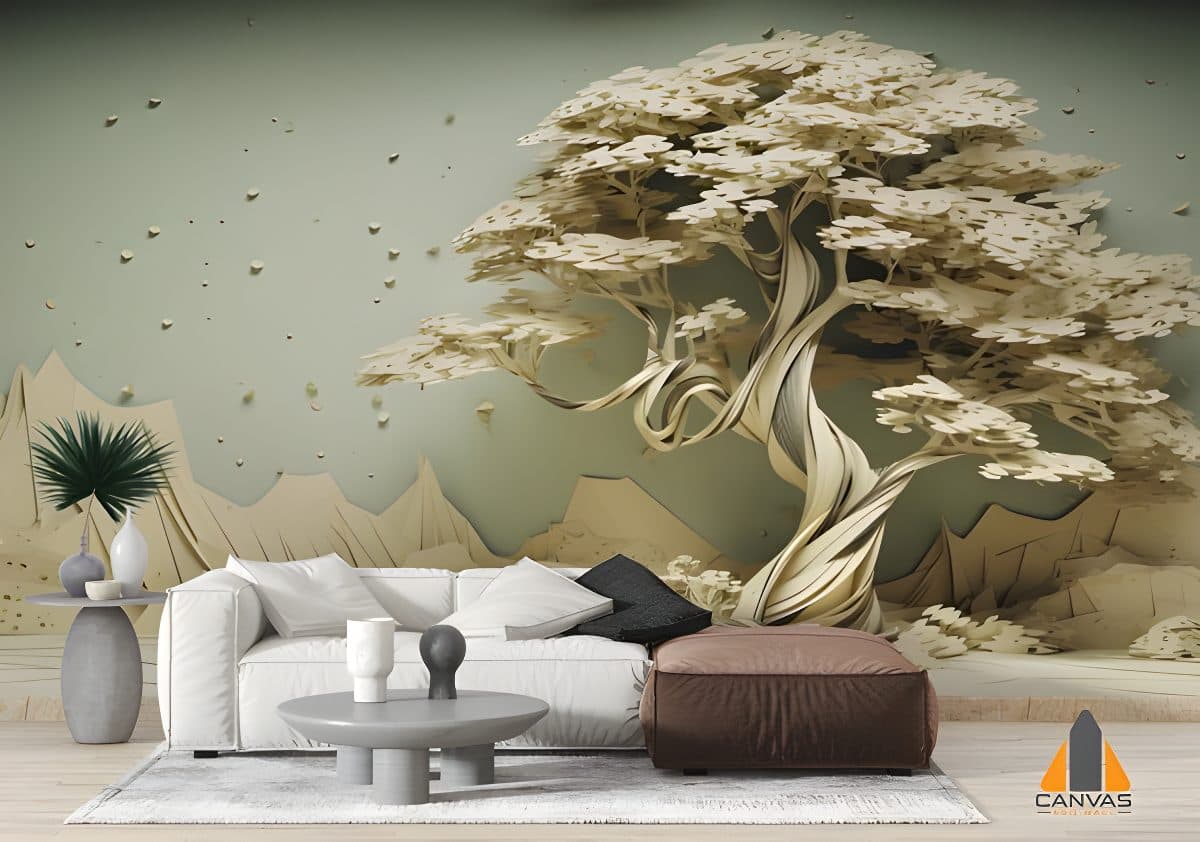 3D white tree wall mural in a modern living room setting, perfect for wallpaper installations in Gauteng.