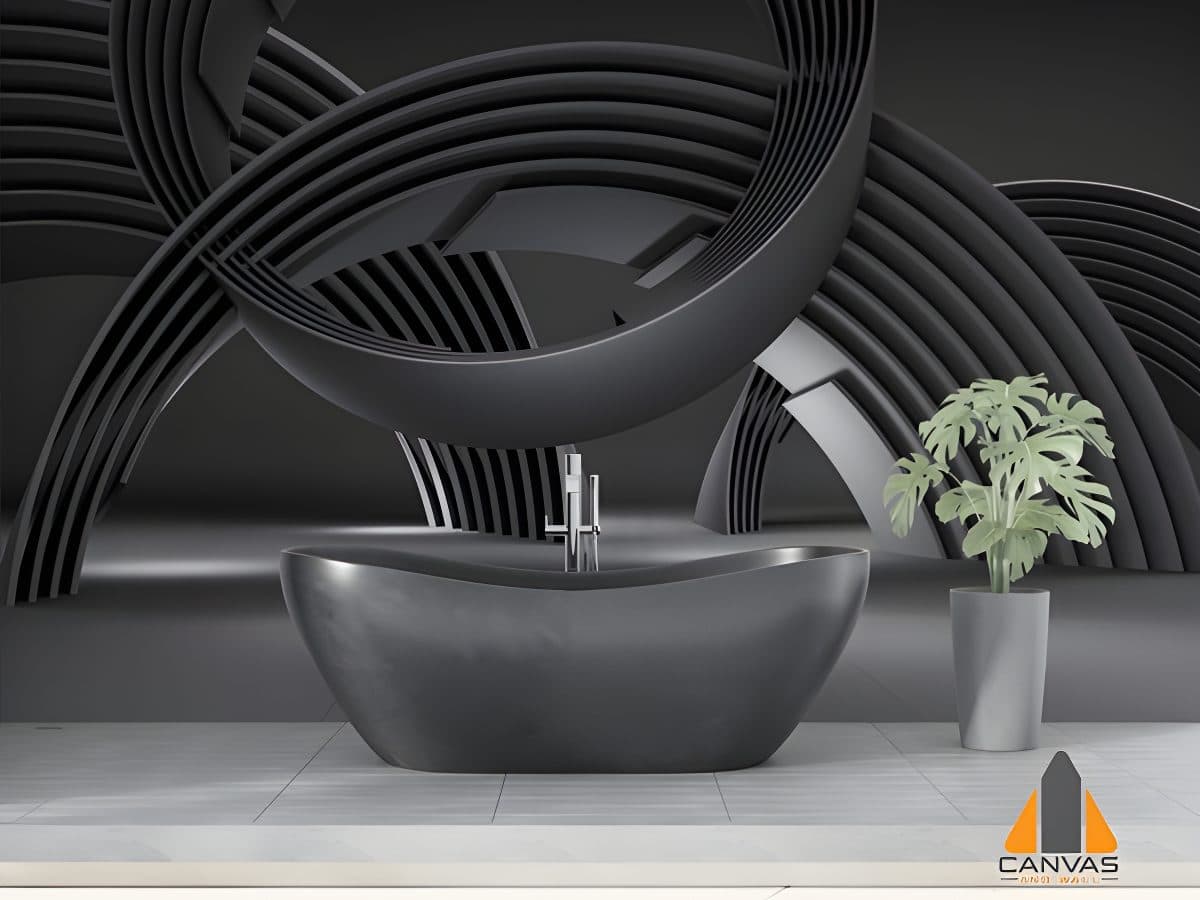 Modern bathroom with abstract 3D black shapes custom wallpaper and black freestanding bathtub.