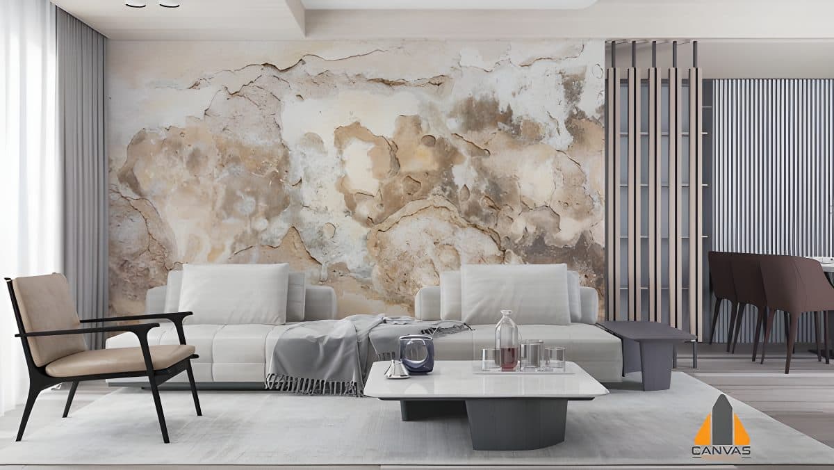 Distressed plaster texture wall mural behind a modern living room sofa, complementing wallpaper installations in Gauteng.