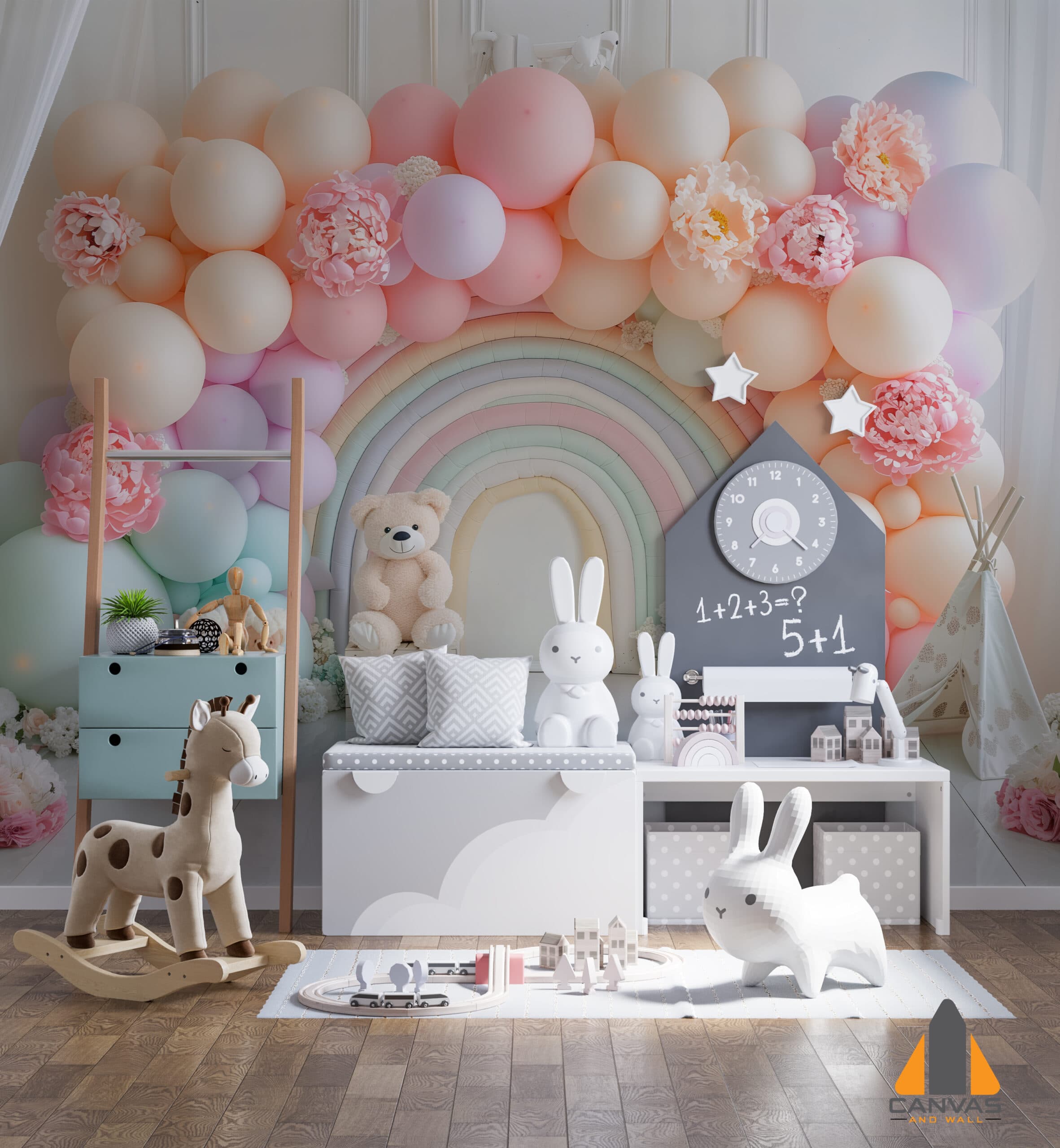 Pink Paradise wall mural in a child's nursery with balloons and toys, perfect for wallpaper installations Johannesburg.