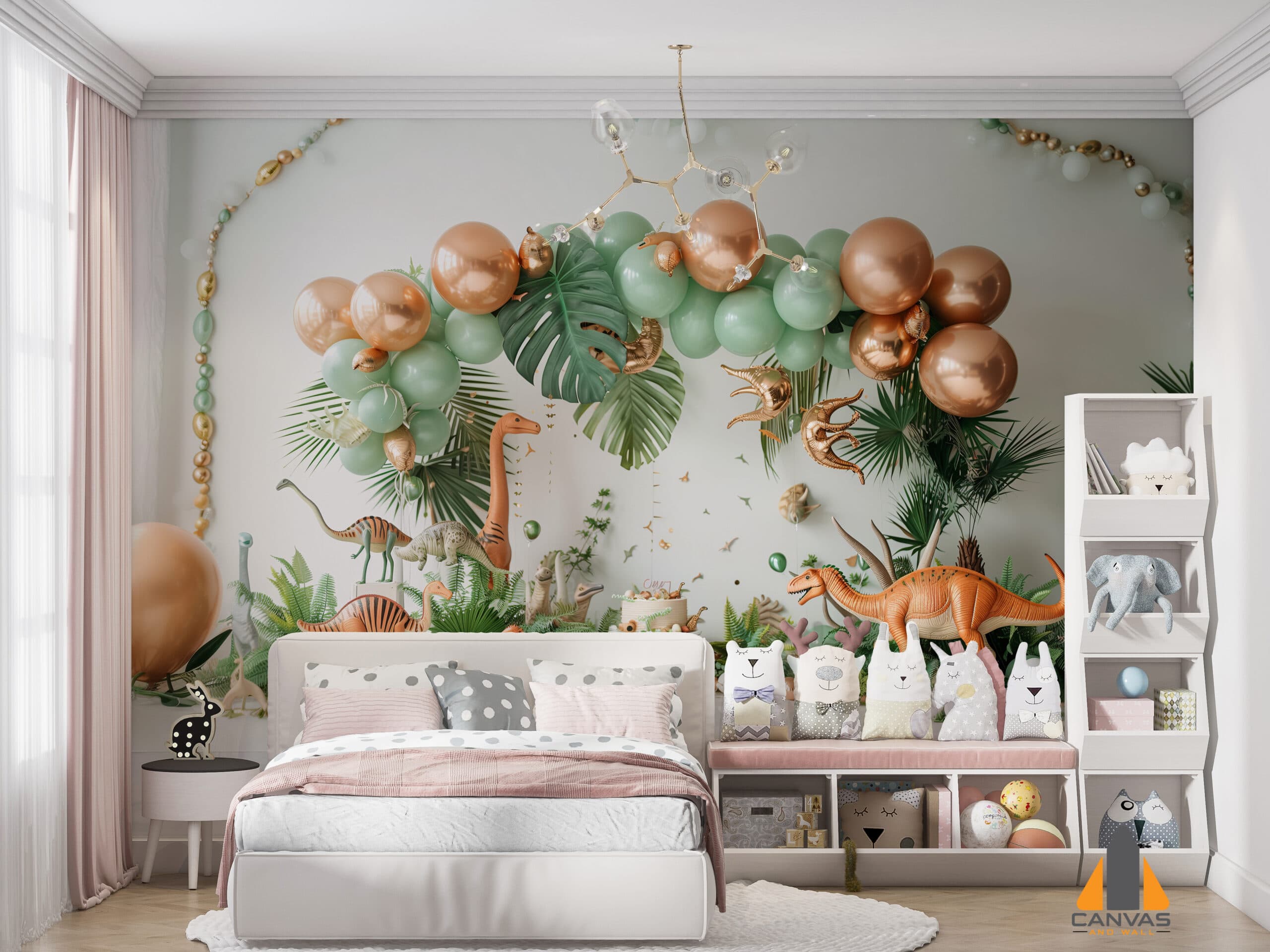 A dinosaur-themed kids' bedroom with a beautiful custom wallpaper installation, perfect for playful spaces.