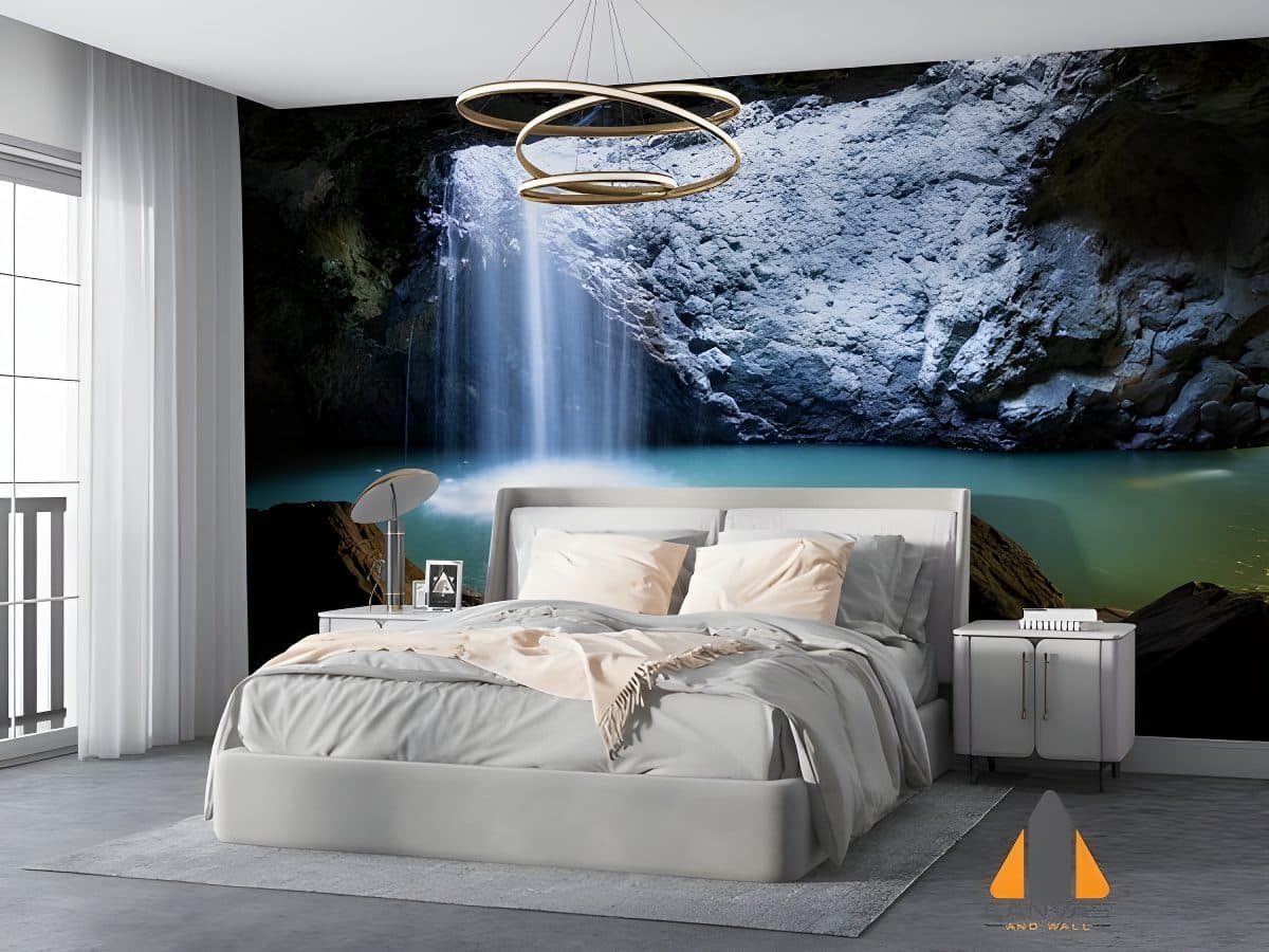 Waterfall wall mural in a modern bedroom, showcasing expert wallpaper installations in Gauteng.