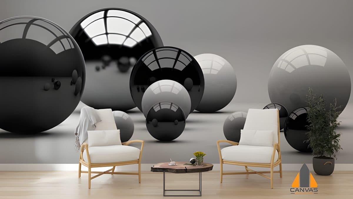 Monochrome spheres wall mural in a modern living room, expertly installed by Canvas & Wall.