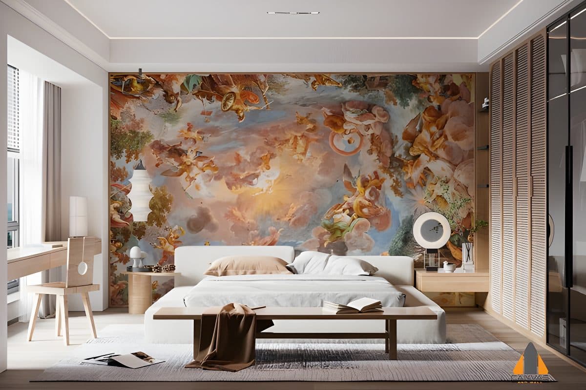 Baroque fresco wall mural in a modern bedroom, showcasing custom wallpaper installations.