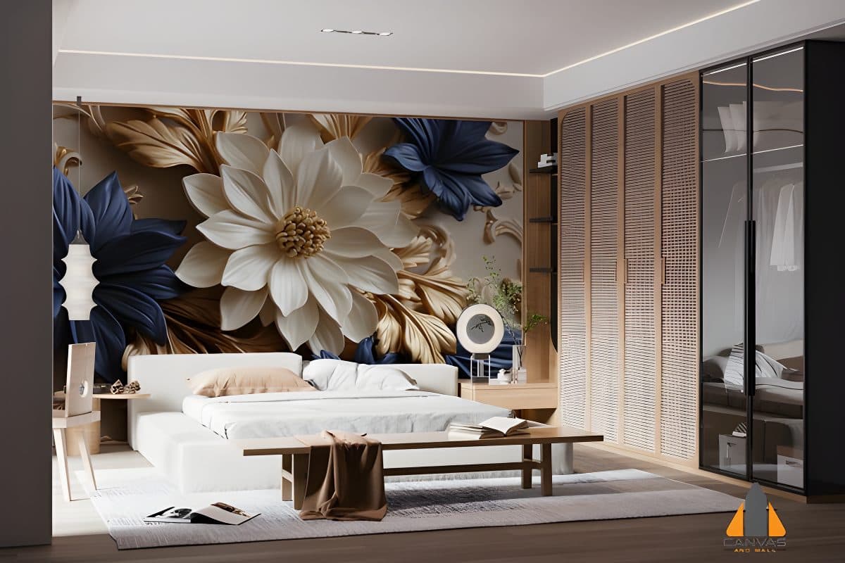 Bedroom with a large 3D floral wall mural featuring gold, white, and blue flowers.