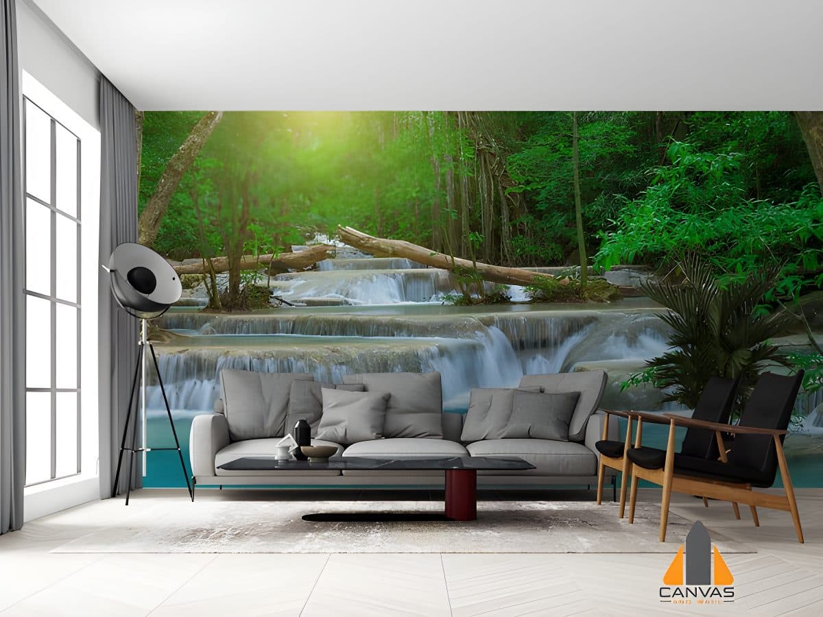 Lush tropical waterfall wall mural in a modern living room, perfect for wallpaper installations in Gauteng.