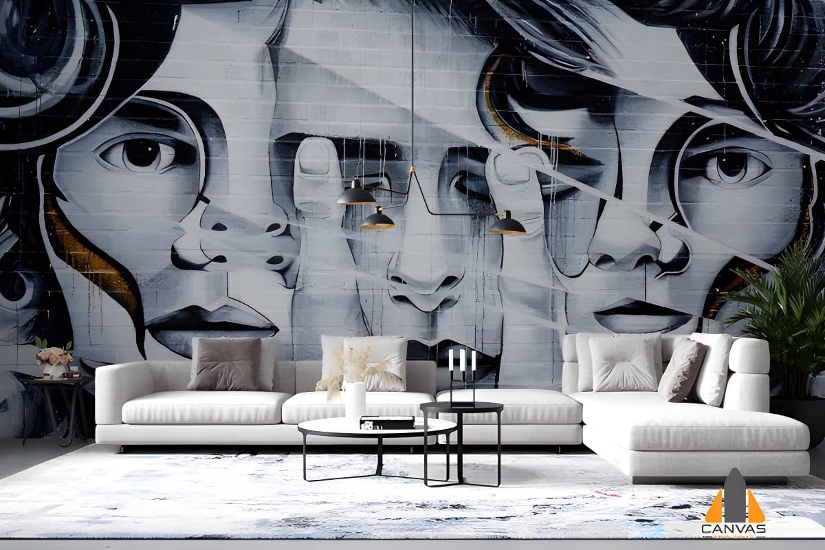 Multiple faces created with sliced patterns on a wall mural in a modern living room. Get wallpaper installations in Gauteng.