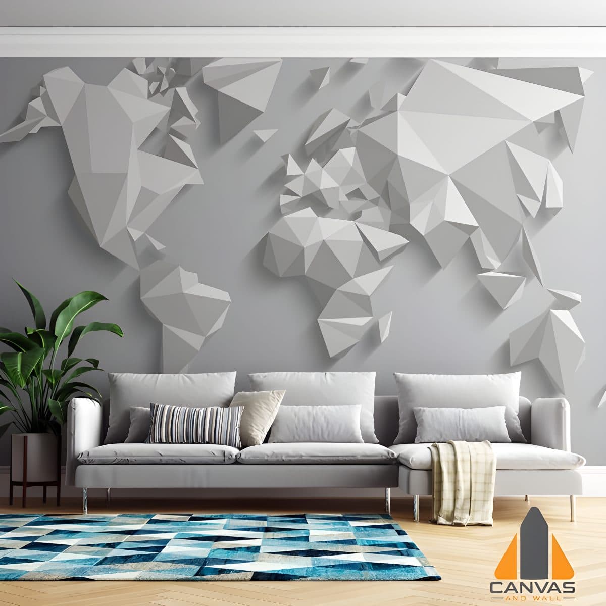 Modern living room with a geometric 3D World Map Abstract wall mural and grey sofa