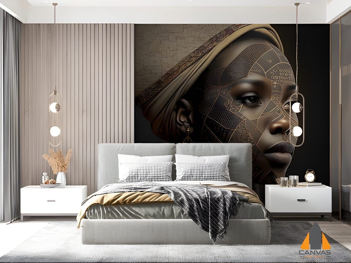 African woman wall mural with map blackwork in a modern bedroom, available for wallpaper installations in Gauteng.