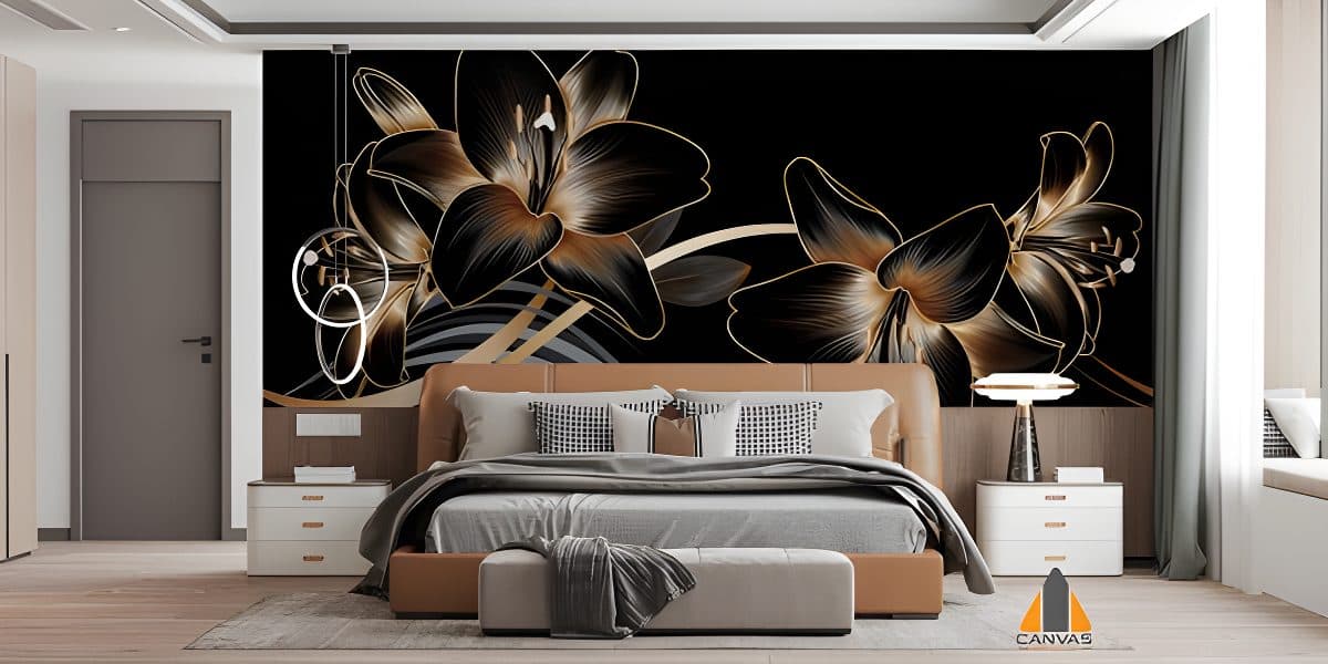 Gold and black lily wall mural in a modern bedroom, available for wallpaper installations in Gauteng.