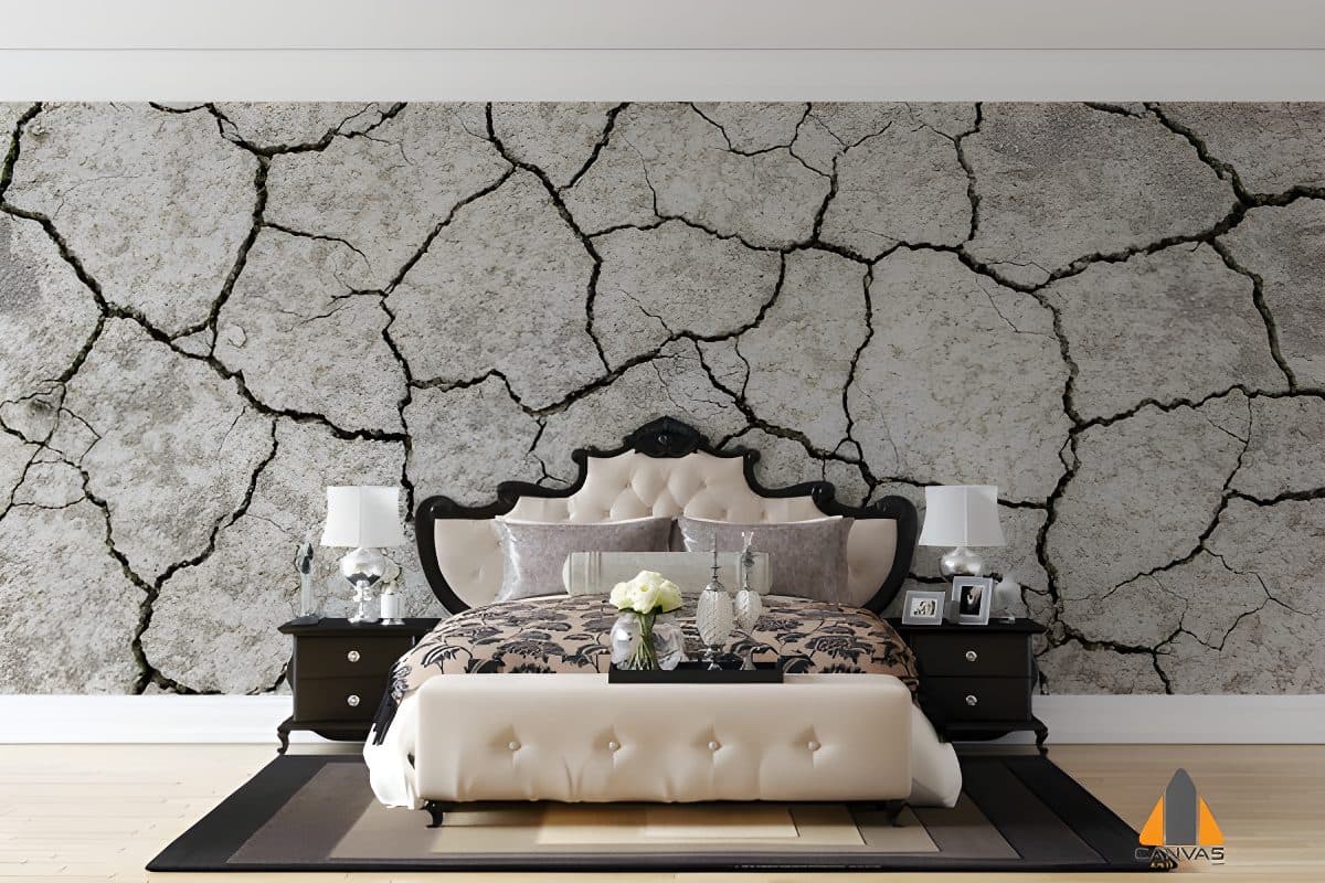 Cracked texture wall mural in a luxurious bedroom, a great option for wallpaper installations Johannesburg