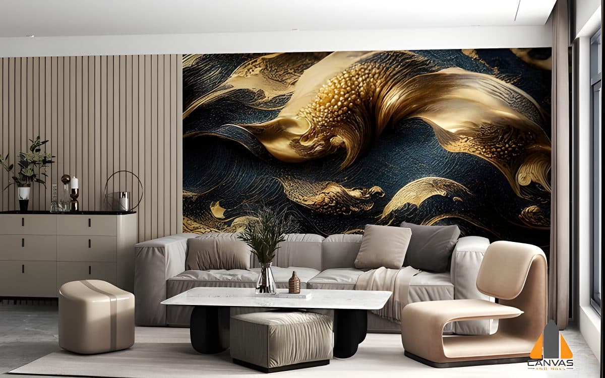 Opulent gold and navy abstract wall mural in a modern living room, expertly installed in Gauteng.