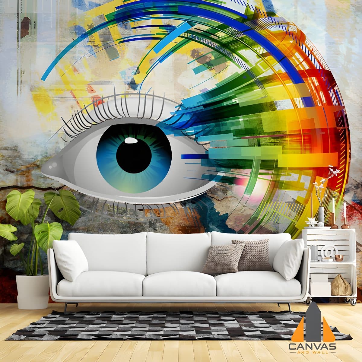 Vivid eye and abstract colors wall mural in a modern living room, perfect for wallpaper installations in Gauteng.