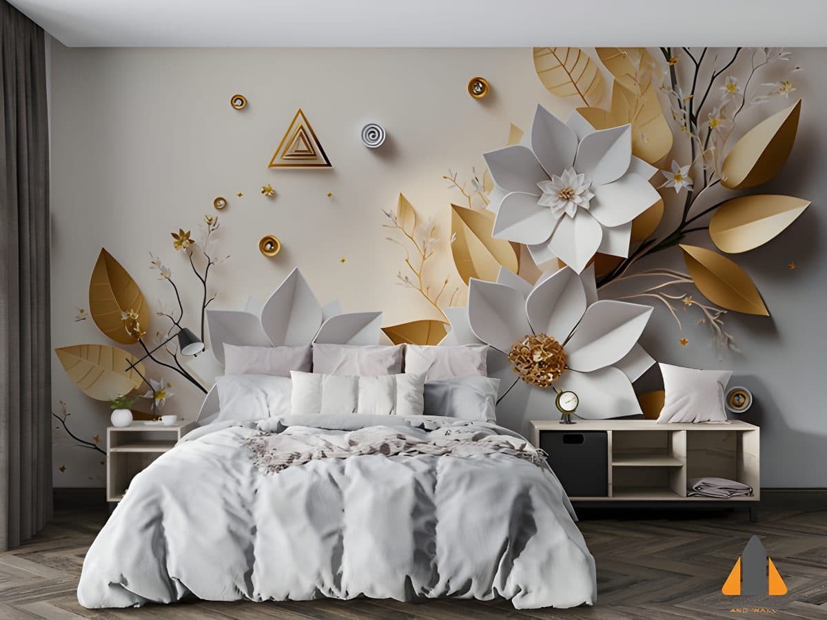 White and gold floral wall mural in a modern bedroom, showcasing a stunning wallpaper installation in Gauteng.