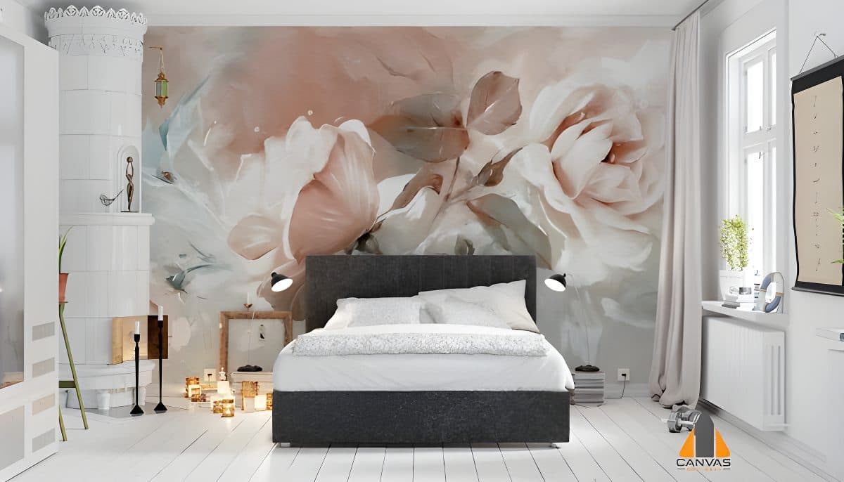 Floral wall mural with soft pink roses in a beautiful bedroom, ideal for wallpaper installations in Gauteng.