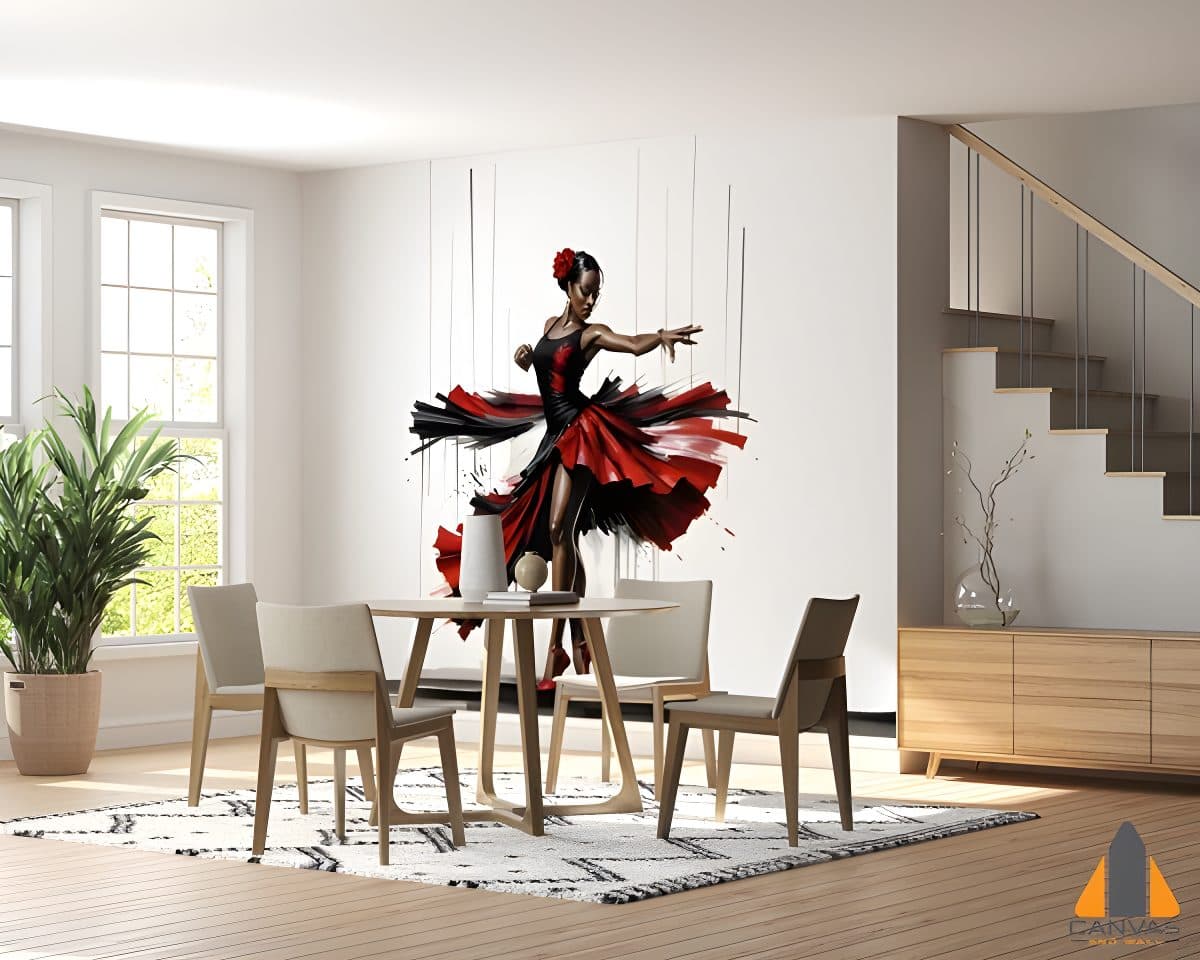 Vibrant oil painting wall mural of a Black flamenco dancer in a dining room, perfect for wallpaper installations in Gauteng.