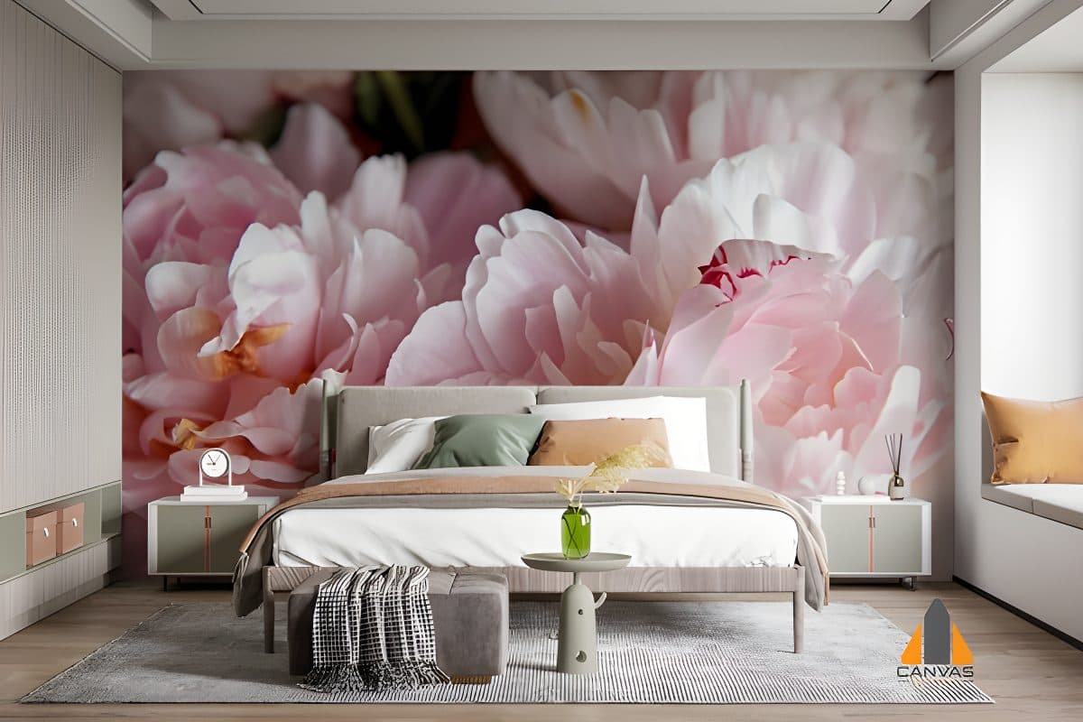 Pink peony wall mural in a modern bedroom, showcasing beautiful wallpaper installations in Gauteng.