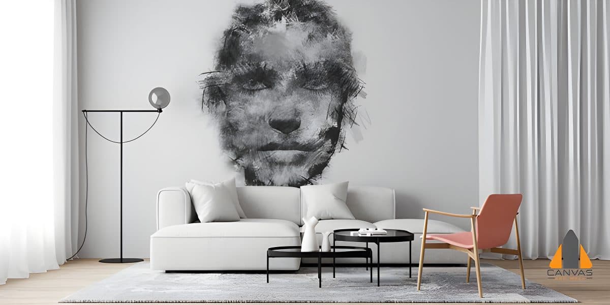 Charcoal drawing wall mural in a modern living room, perfect for wallpaper installations in Gauteng.