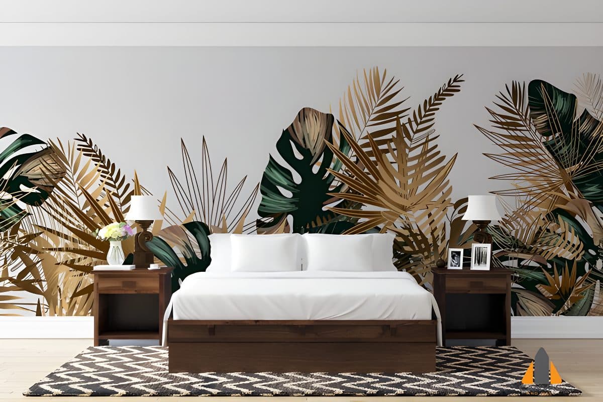 Bedroom with a tropical leaf wall mural, perfect for custom wallpaper installations.