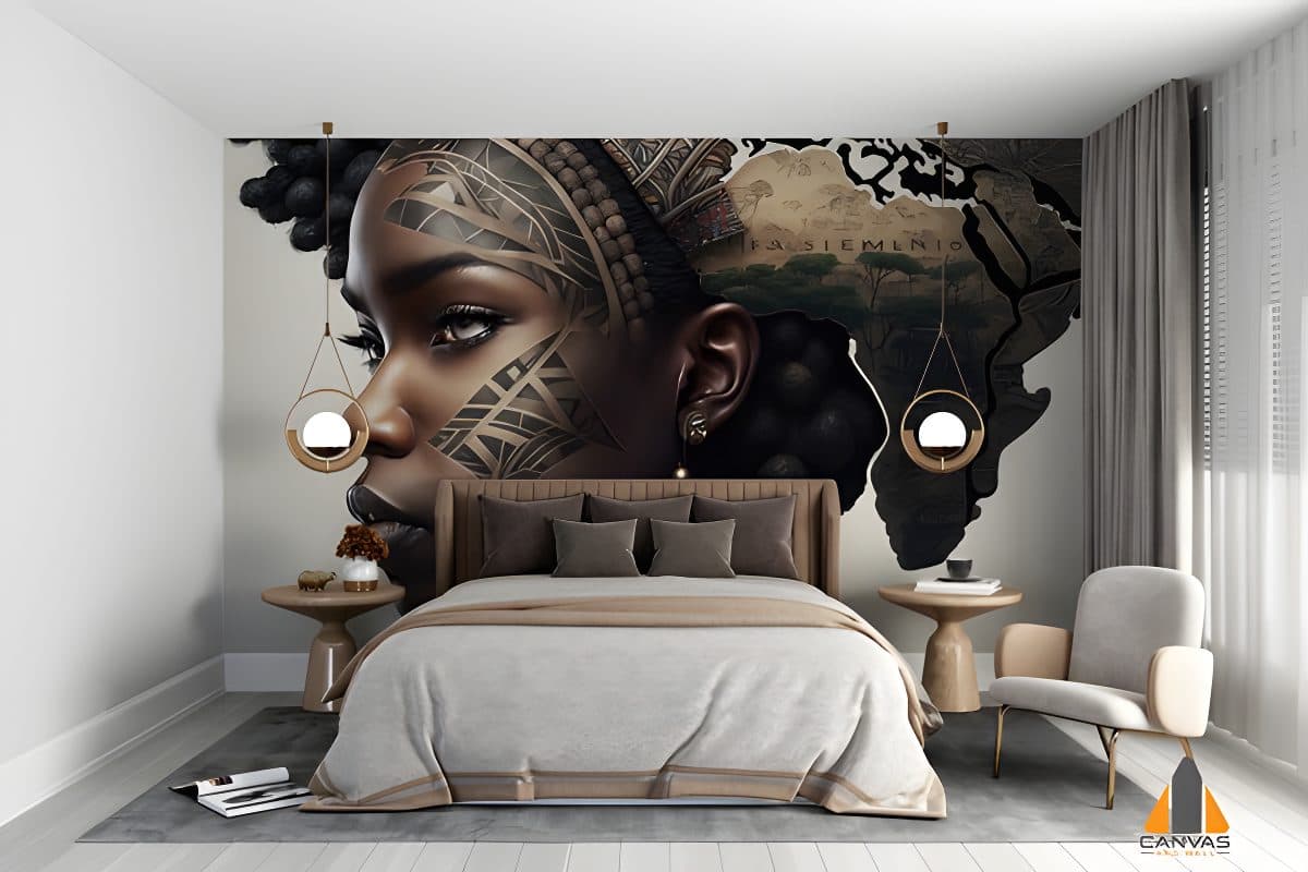 African girl blackwork tattoo wall mural in a modern bedroom, ideal for wallpaper installations in Gauteng.