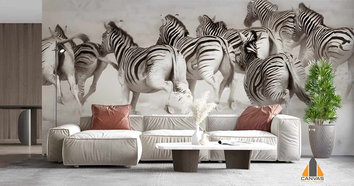 Zebra stampede wall mural in a modern living room for wallpaper installations in Gauteng.