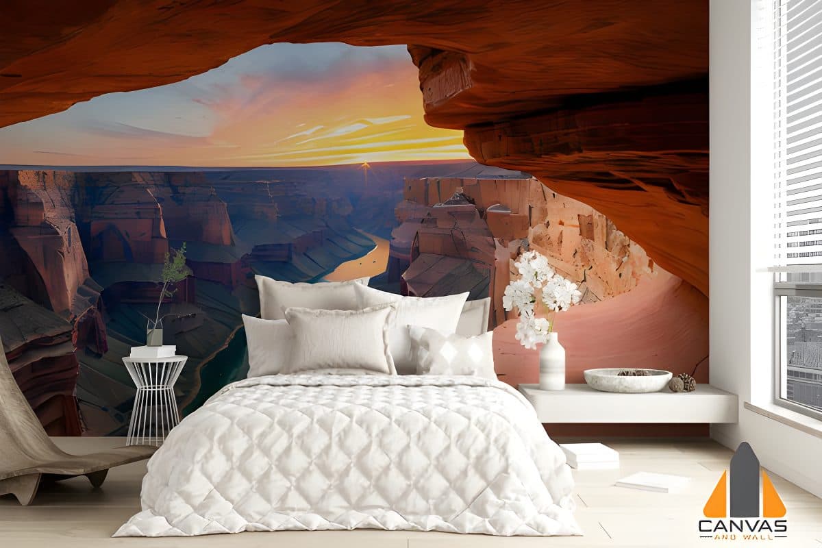 Dramatic Colorado River sunset wall mural in a modern bedroom, showcasing expert wallpaper installations Johannesburg.
