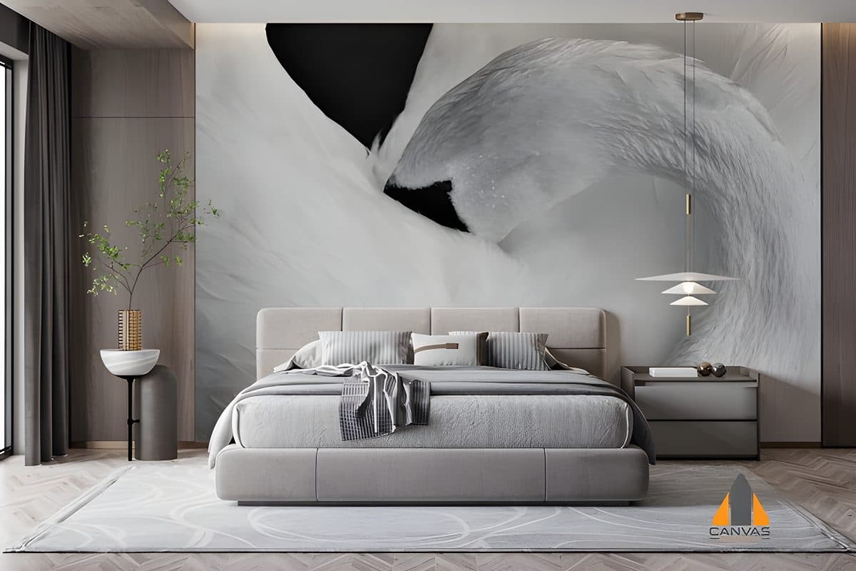 Monochrome swan wall mural in a modern bedroom, perfect for wallpaper installations in Gauteng.