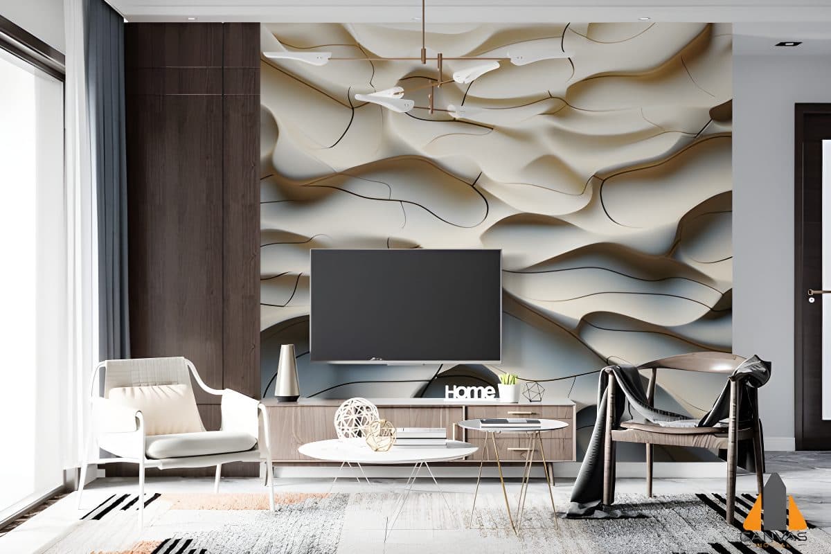 Creamy wavy wall mural in a modern living room with a TV and dark brown built-in cupboards.