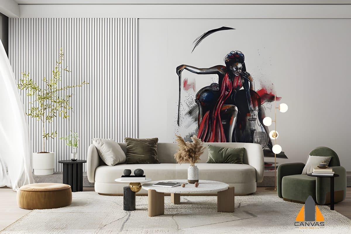 Musician sketching wall mural in a modern living room, perfect for wallpaper installations Johannesburg.