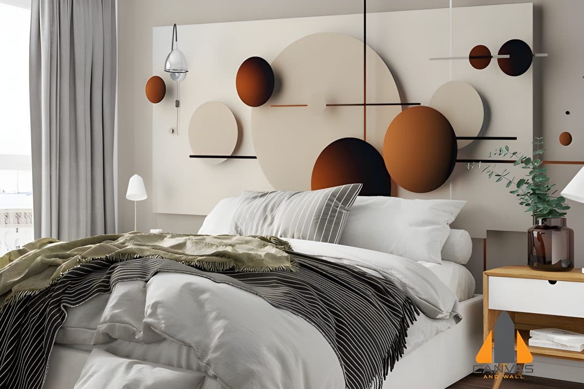 Modern geometric wall mural behind a bed, featuring white and brown circles, perfect for wallpaper installations in Gauteng.