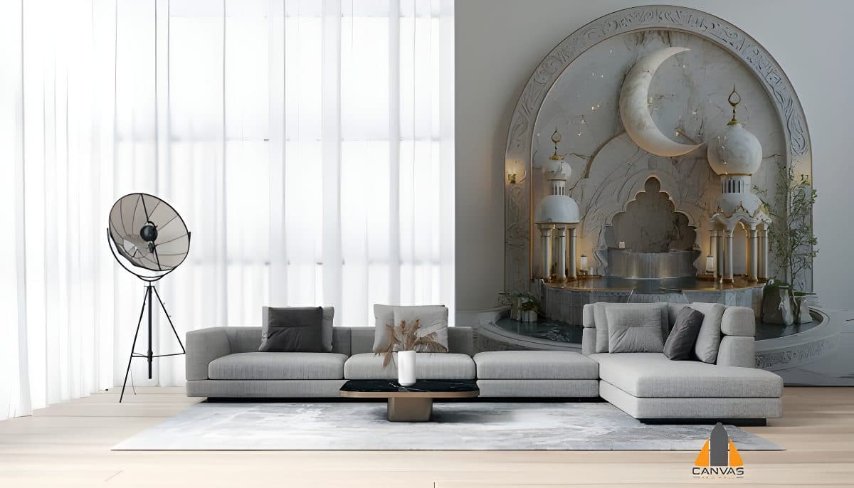 Ramadan podium wall mural in a modern living room, perfect for wallpaper installations in Gauteng.