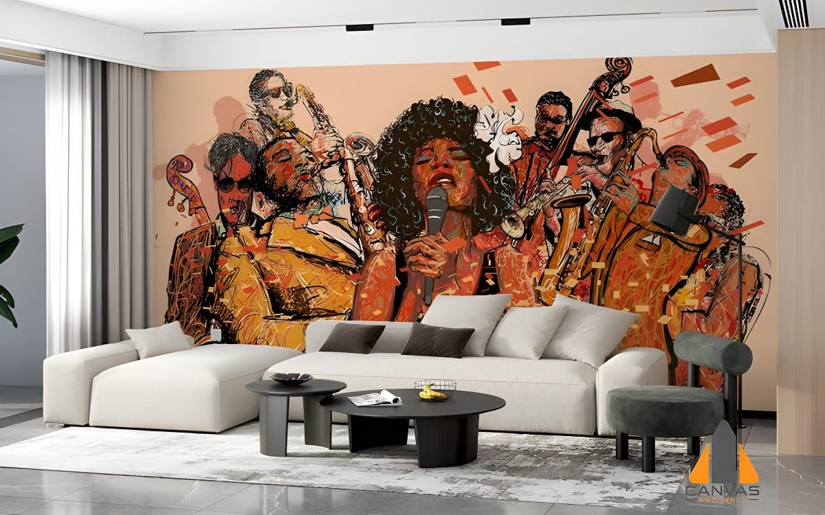 Jazz band wall mural in a modern living room, expertly installed in Gauteng.